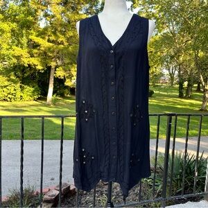 Vintage black embroidered festival rayon button up dress whimsygoth fairy XL NWT